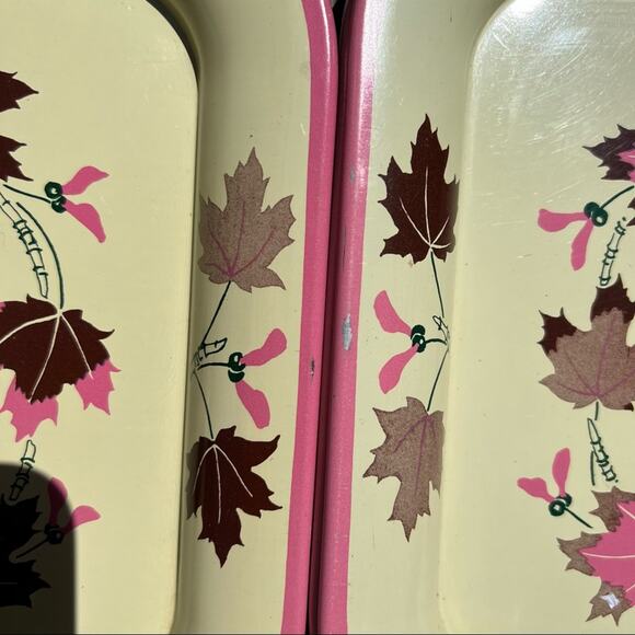 Vintage 60s MCM pink cream maple leaf serving tray lap tray tv tray set of 9 - Picture 3 of 7